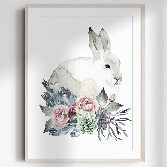 Watercolor White Bunny Portrait Wall Art Illustration Print Poster Unframed - Picture 1 of 17